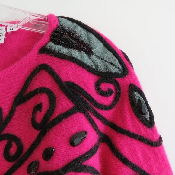 VINTAGE CEDARS Angora Lambswool Pink Beaded Dolman Sleeve Sweater - Size M - Picture 3 of 15